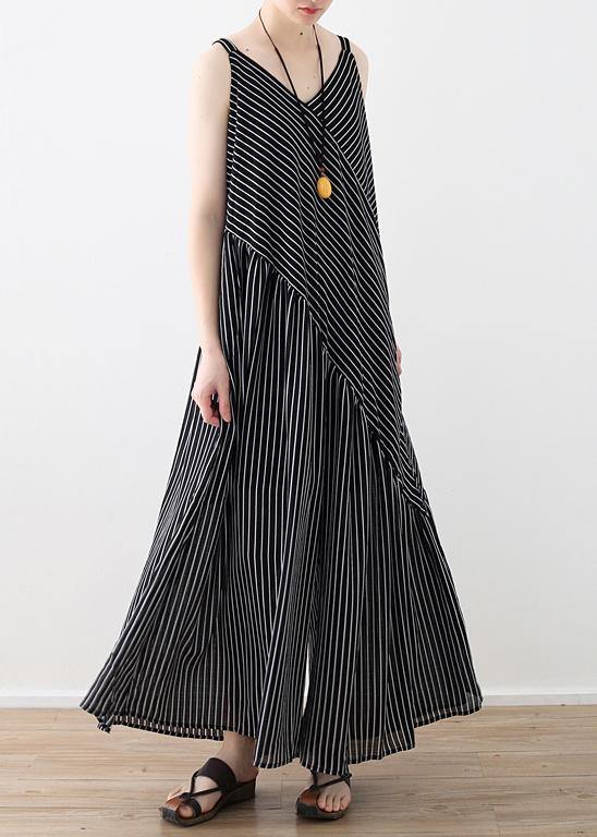 Black Striped Chiffon Clothes Outfits Spaghetti Strap Asymmetric Robe Summer Dresses