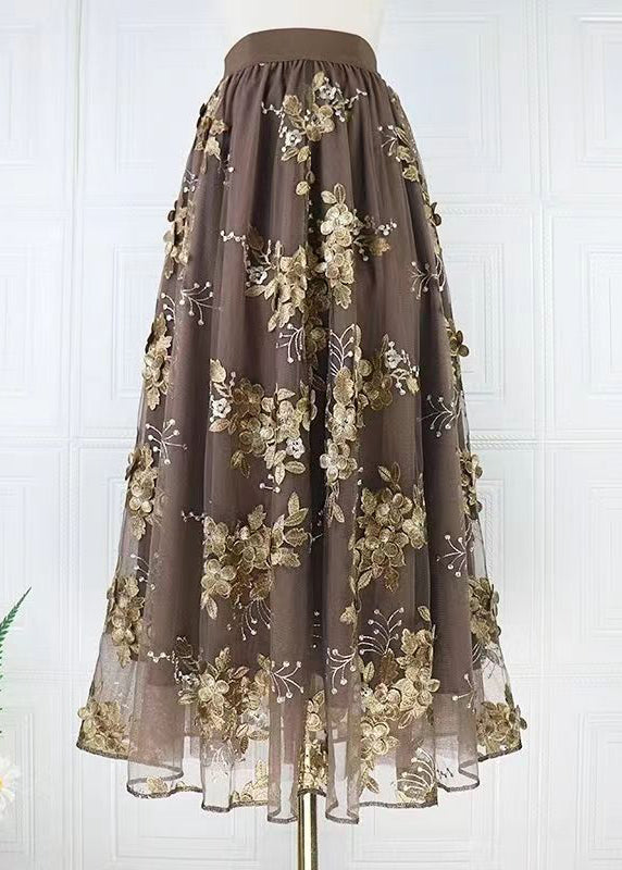 Coffee Embroidered High Waist Tulle Skirts Spring