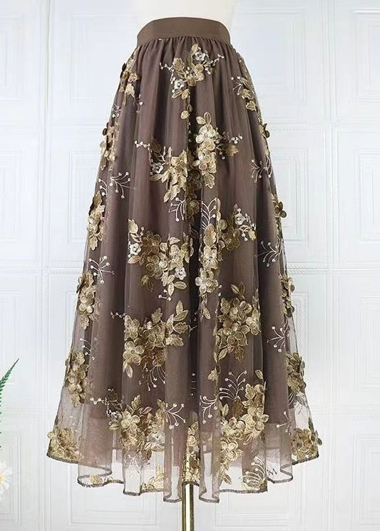 Coffee Embroidered High Waist Tulle Skirts Spring