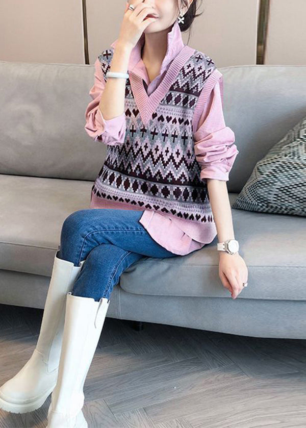 French Pink Peter Pan Collar Shirts and Vest Knit Two Piece Suit Set Fall