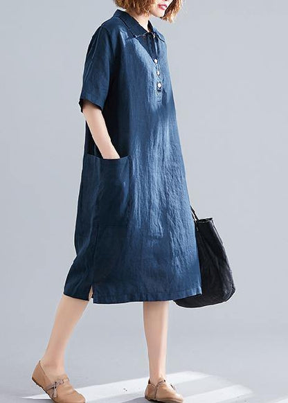 Navy Cotton Quilting Clothes Lapel Pockets Dress