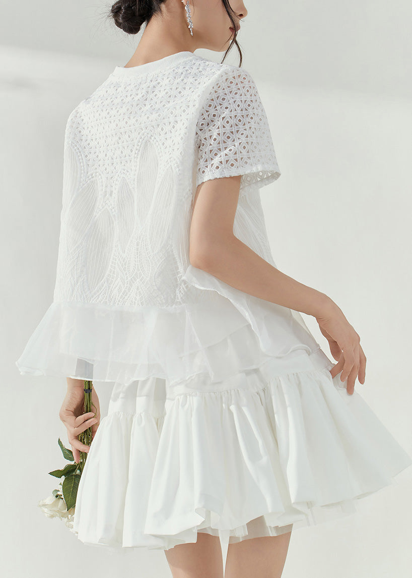 Simple White O-neck Hollow Out Tulle Patchwork Top Short Sleeve