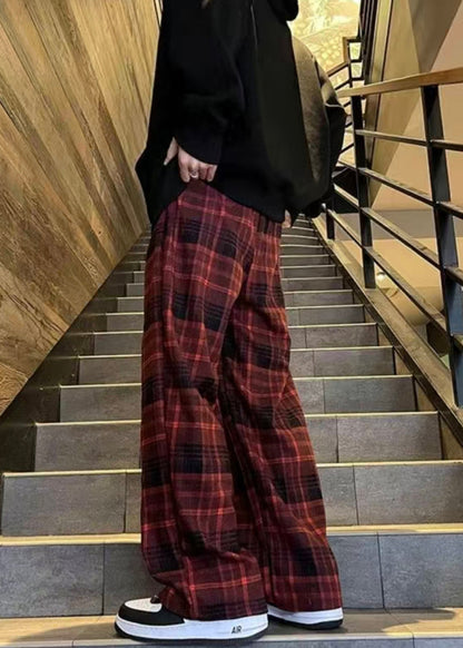 French Red Plaid Elastic Waist Warm Fleece Pants Winter