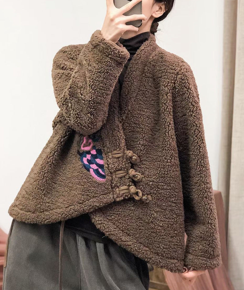 Embroidered V-neck Sherpa Wool Jacket