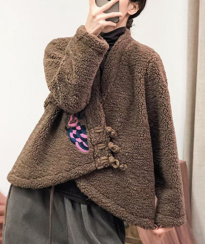 Embroidered V-neck Sherpa Wool Jacket