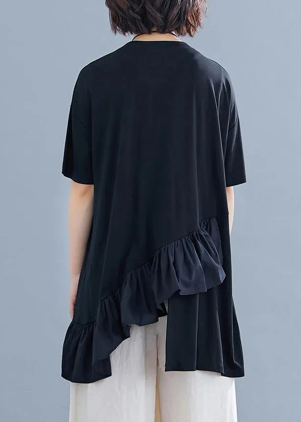 Black Cotton Clothes for Ruffles Asymmetric Midi Summer Blouses