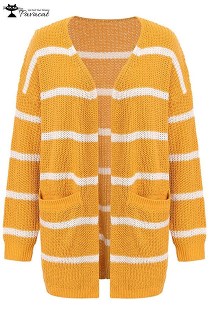 V Neck Striped Pocket Cardigan
