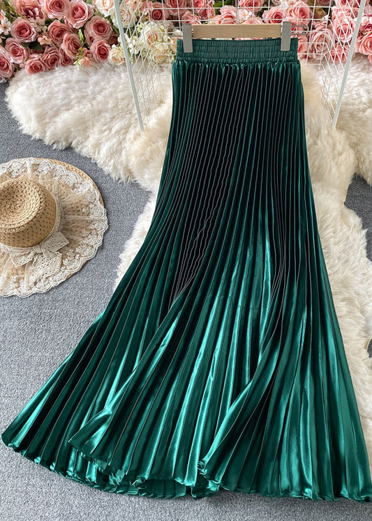 Green Satin Elastic Waist a Line Skirts Spring