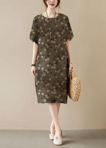 Classy Khaki Print O-neck Pockets Summer Maxi Dresses Half Sleeve