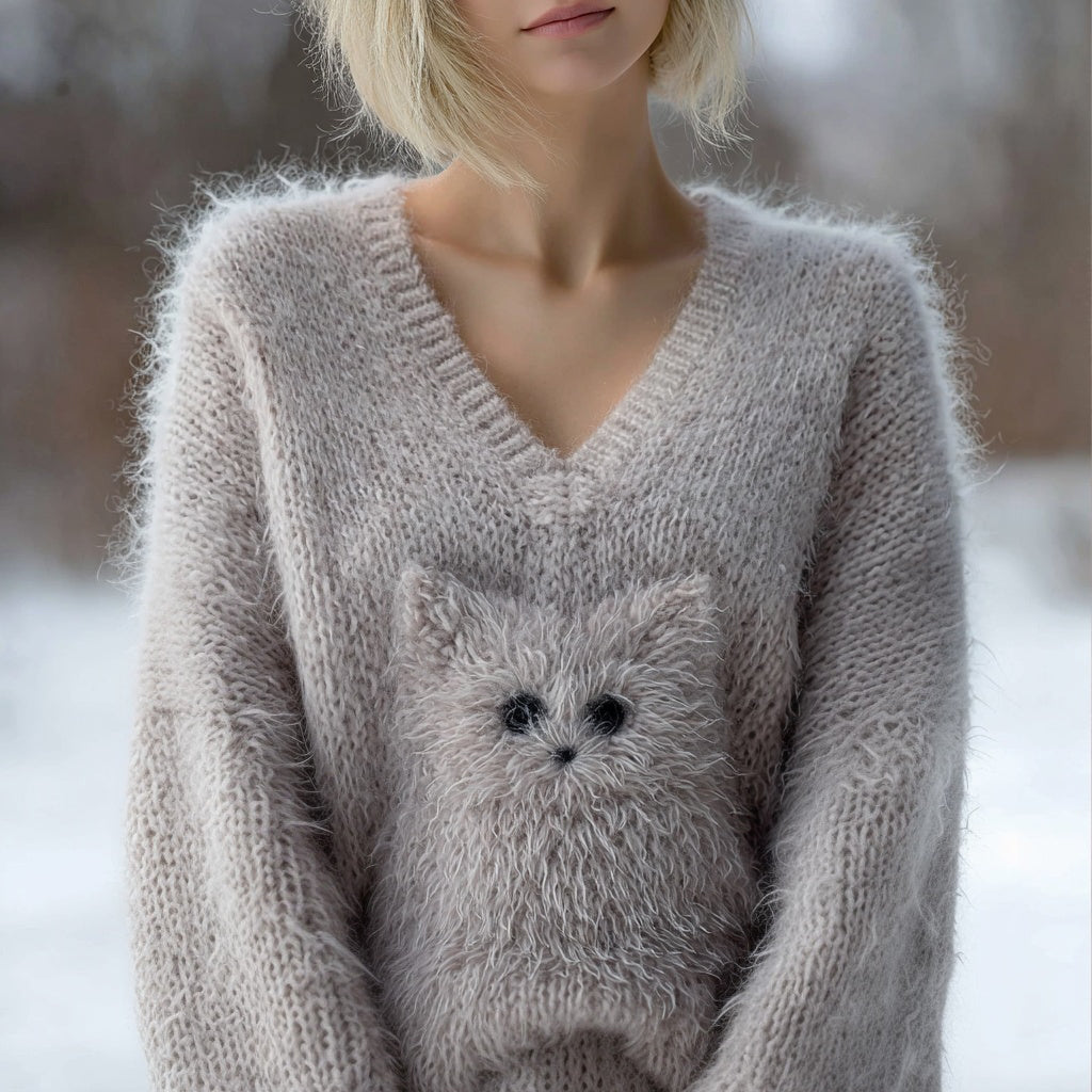 Cute Fuzzy Cat Embroidered V Neck Cozy Sweater