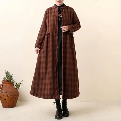 Thick Retro Cotton Linen Plaid Long Coat Dress