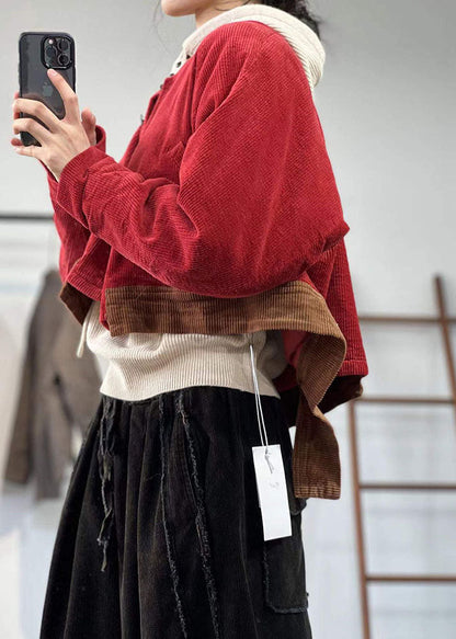 Red Oversized Patchwork Thick Corduroy Coat Winter