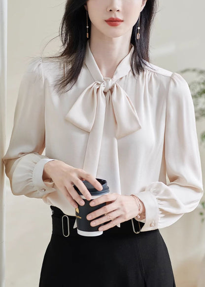 Stylish Apricot Bow Silk Shirts Fall