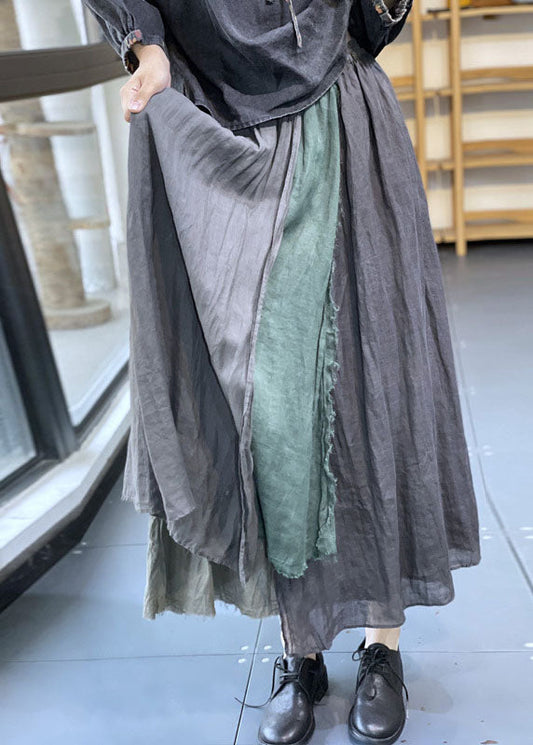 Grey Elastic Waist Asymmetrical Patchwork Linen Skirt Spring