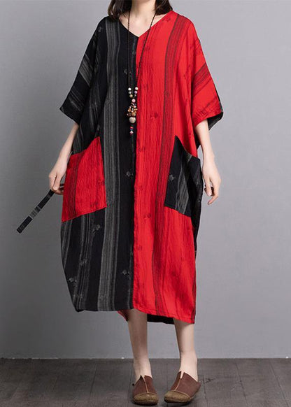 Classy V Neck Pockets Linen Outfit Sewing Black Red Patchwork Dresses Summer