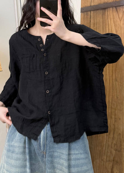 Linen Color O Neck Button Cotton Blouses Fall