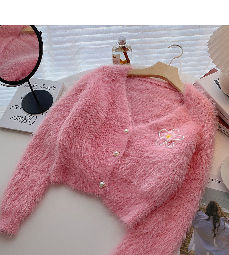 Mohair Sweater Small Flower Nail Bead Top Cardigan