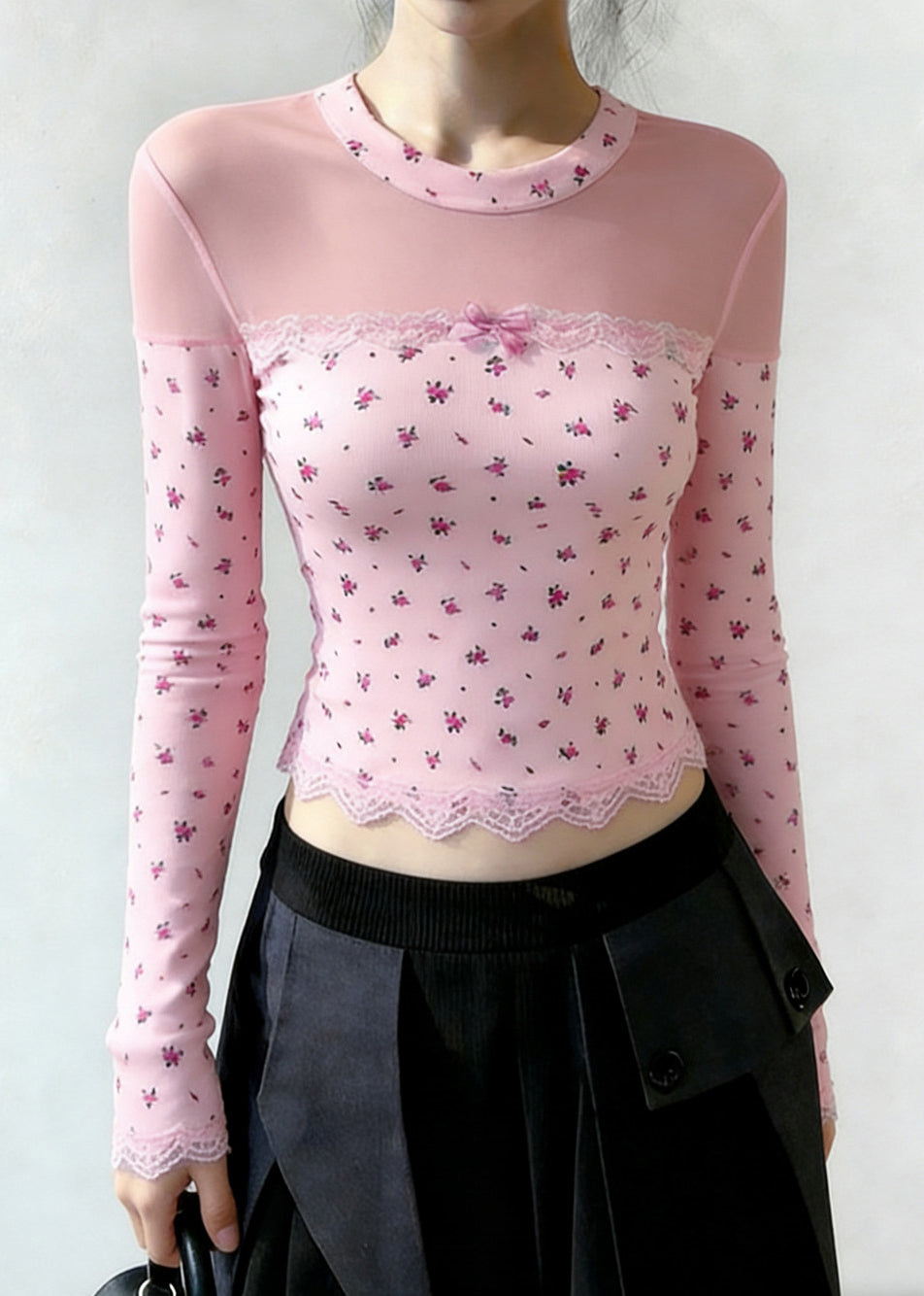 Pink Print Patchwork Tulle Shirt Tops Spring