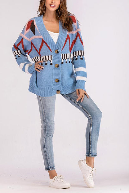 Geometric V Neck Loose Cardigan