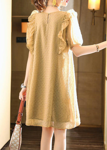Classy Khaki O-neck Ruffled Patchwork Chiffon Dresses Summer