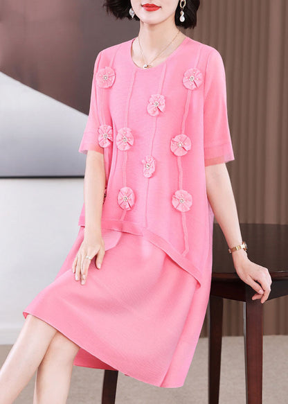 Pink O-neck Patchwork Long Dress Short Sleeve