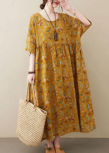 Natural Light Yellow O-neck Pockets Print Summer Sundress