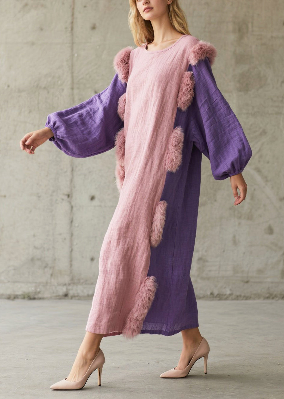 Pink Oversized Patchwork Faux Fur Cotton Party Dress Lantern Sleeve