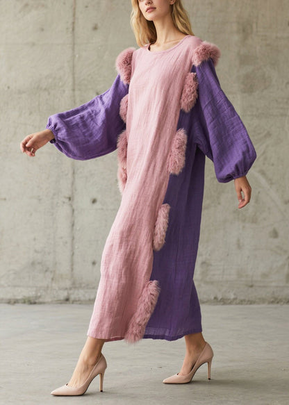 Pink Oversized Patchwork Faux Fur Cotton Party Dress Lantern Sleeve