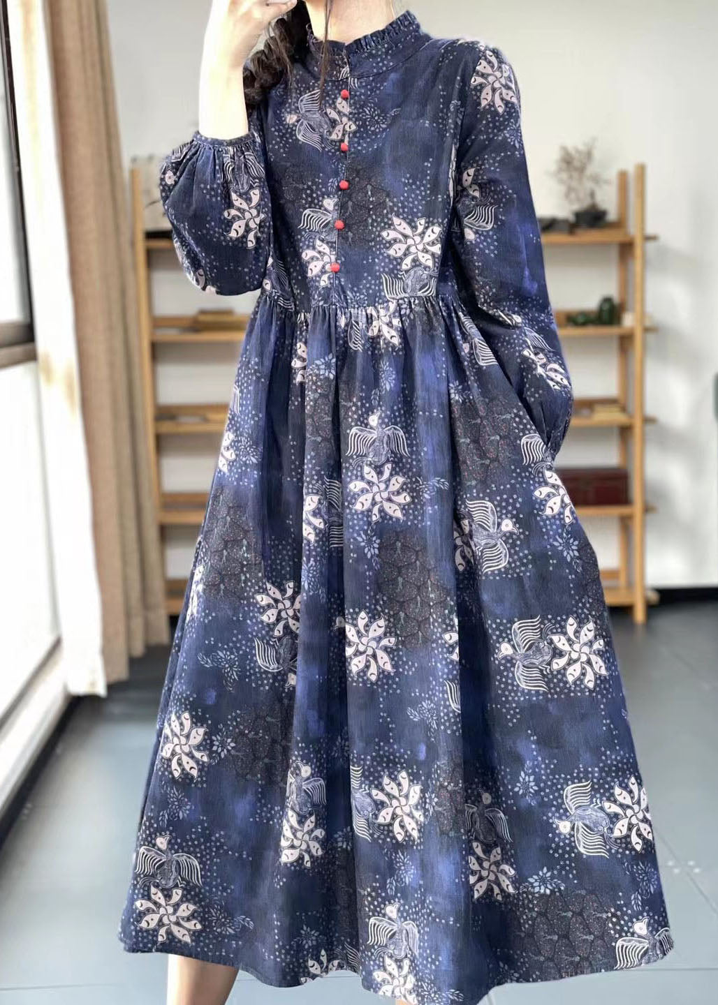Khaki Button Ruffled Print Dress