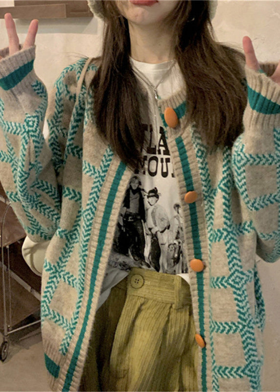 Boutique Green O Neck Plaid Button Knit Coat Fall