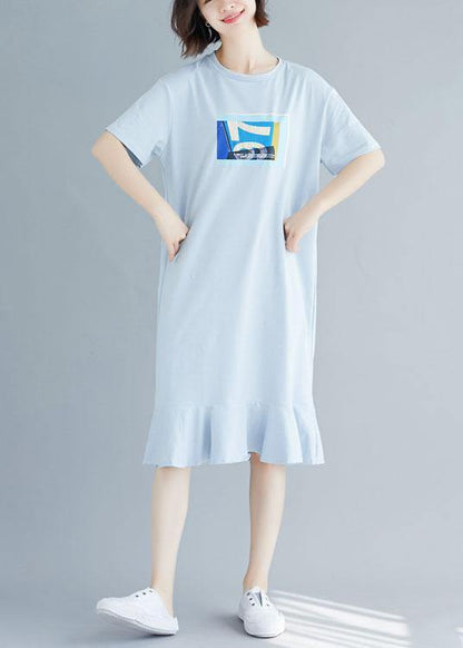 100% Blue Prints O Neck Cotton Dress Ruffles Hem Robe Summer Dresses