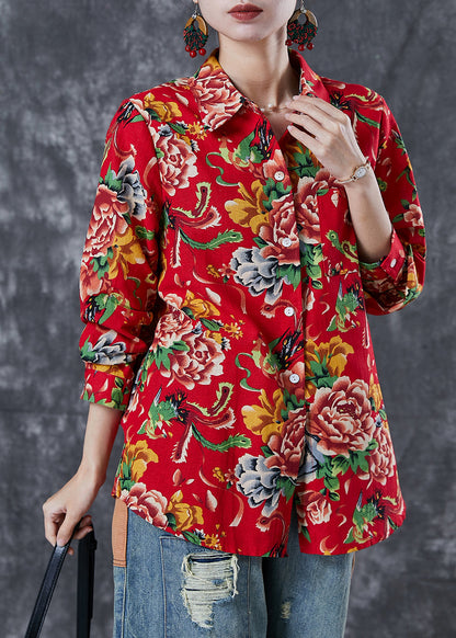 Diy Red Oversized Print Cotton Blouse Top Spring