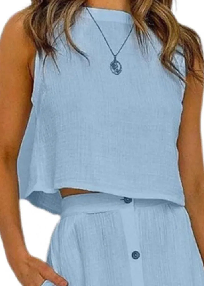 Brief Blue O-neck Top and Maxi Skirts Two Piece Set Summer