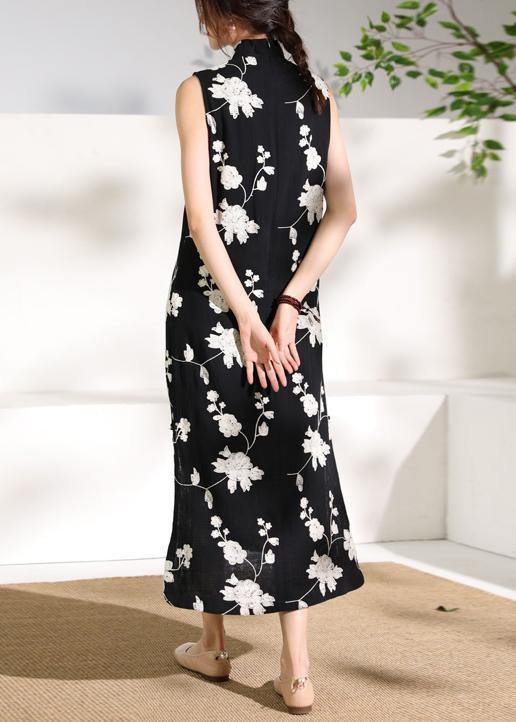 Black Print Cotton Clothes Stand Collar Side Open Cotton Robes Dresses