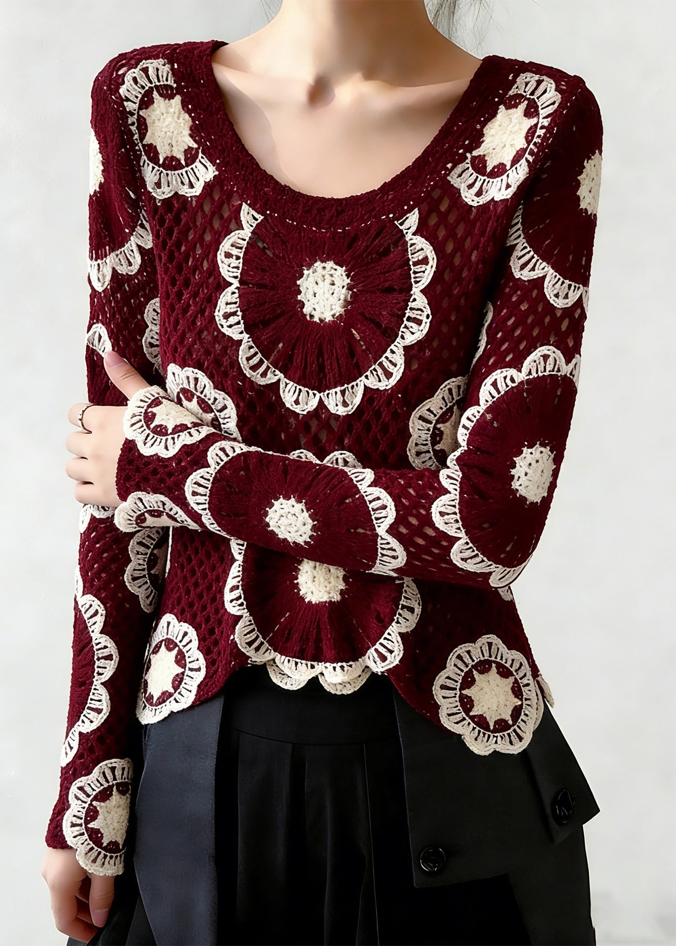 Red O-neck Hollow Out Knit Top Spring