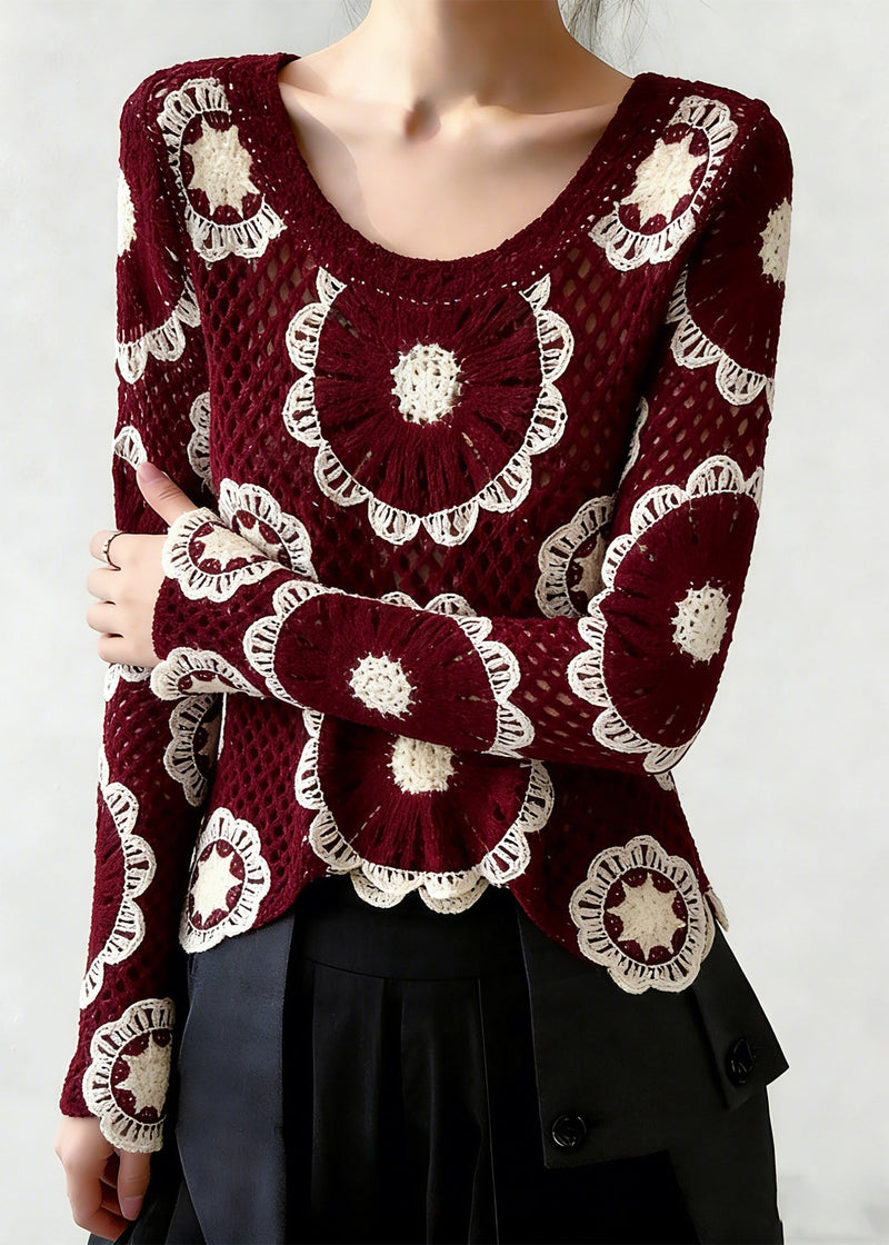 Red O-neck Hollow Out Knit Top Spring