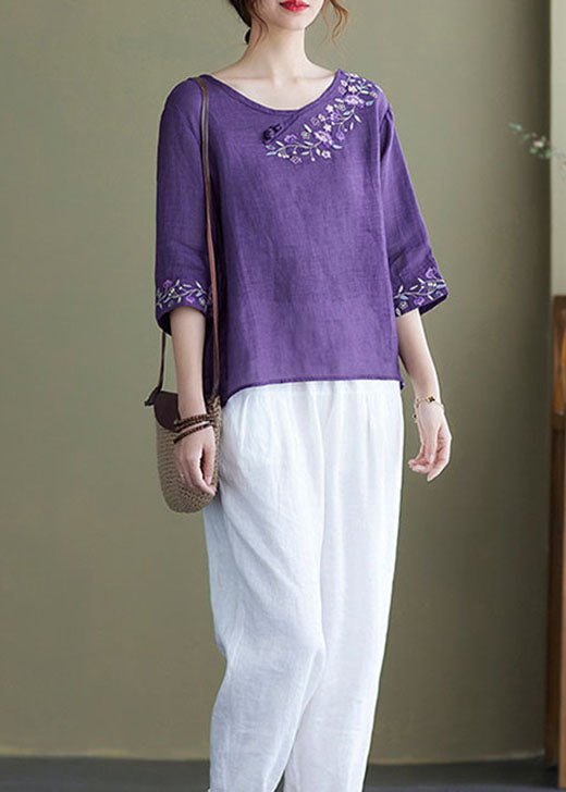Diy Purple Embroidered Side Open Half Sleeve Top