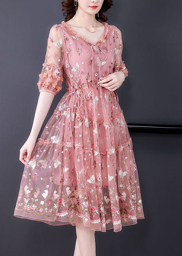 Pink Ruffled Embroidered Exra Large Hem Tulle Cinched Dress Summer