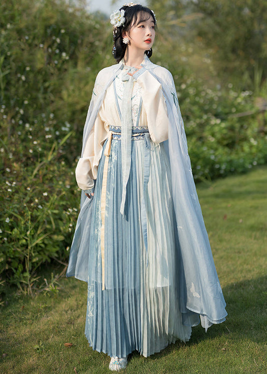 Chinese Style Beige Embroideried Tops and Blue Pleated Skirt Chiffon Two Pieces Set Fall