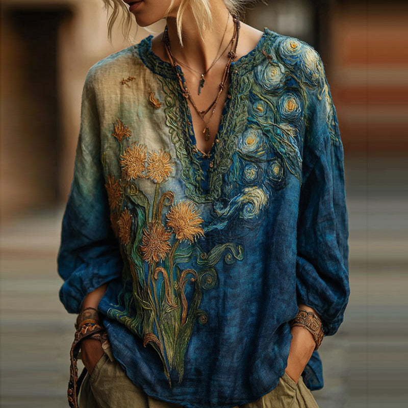 Vintage Oil Painting Inspiration Floral Embroidered Flowy V Neck Shirt elevenforest