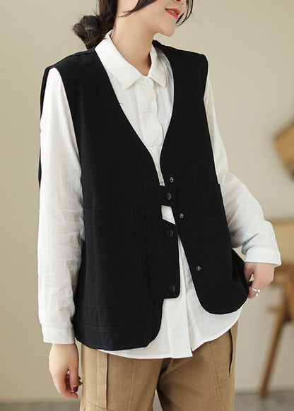 Black V Neck Pockets Patchwork Cotton Vest Spring