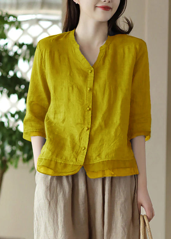 Blue V Neck Embroidered Ramie Shirt Half Sleeve