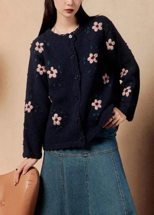 Loose Navy Button Cozy Knit Coats Winter
