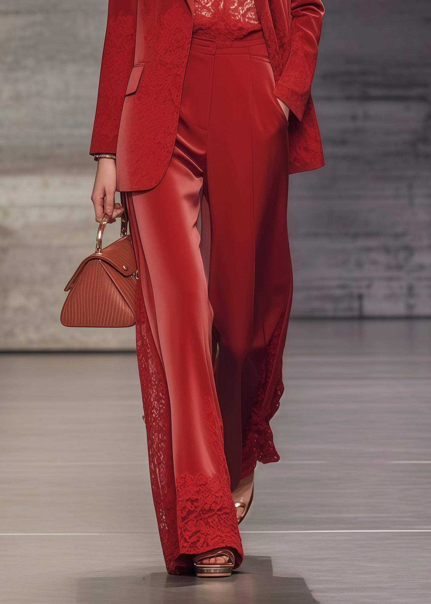 Boutique Red Oversized Patchwork Lace Spandex Coats and Straight Pantstwo Pieces Set Spring