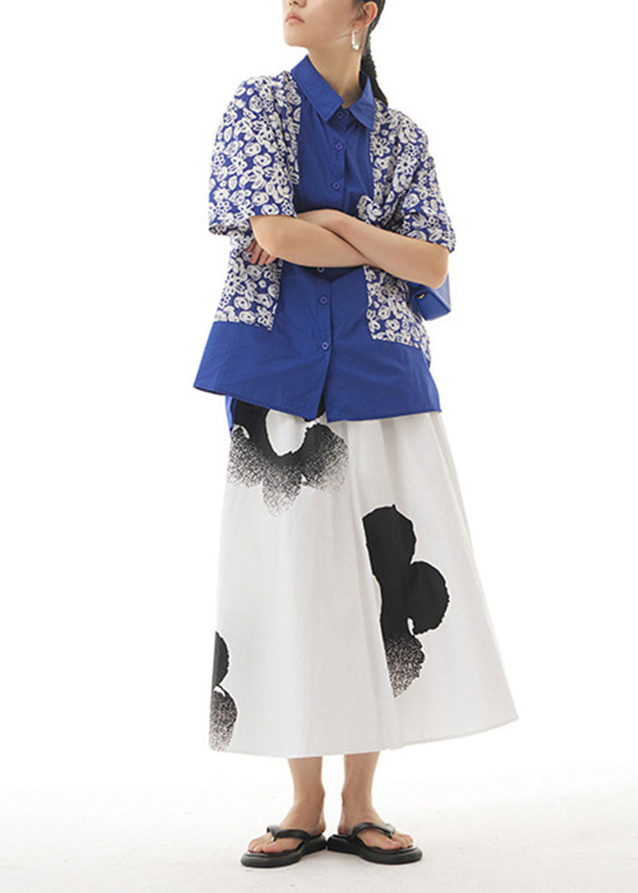 White Print Cotton a Line Skirts Elastic Waist Oversized Summer