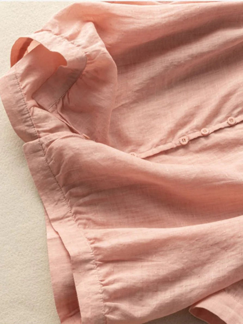 Pure Color V Neck 3/4 Sleeve Linen Shirt Top