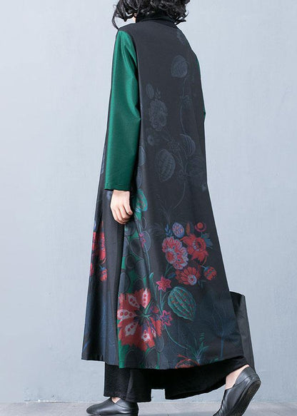 Maxi Coat Fall Trench Coats Green Prints O Neck Overcoat