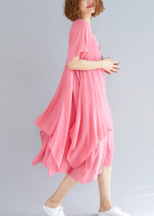 O Neck Asymmetric Linen Clothes Organic Neckline Pink Oversized Dress Summer