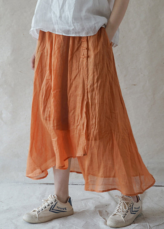 Style Orange Elastic Waist Button Asymmetrical Linen Skirts Spring