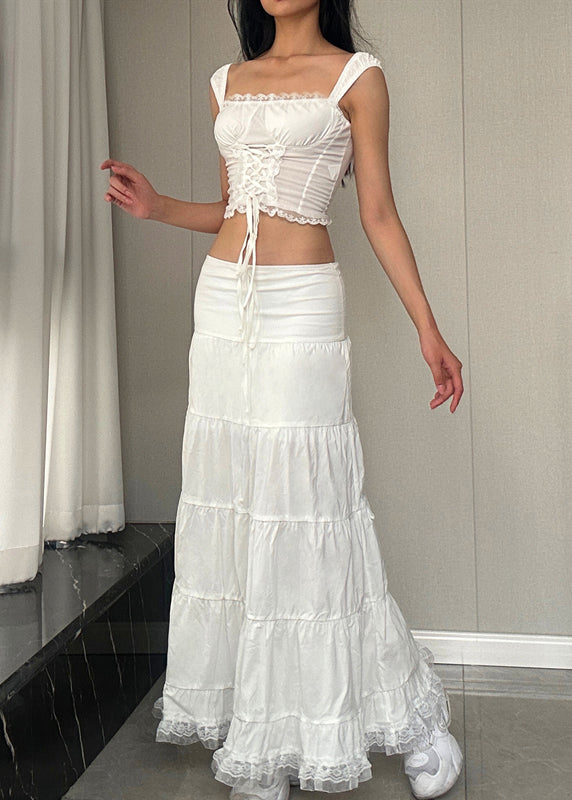 White Lace Tank and Skirts Cotton Two Pieces Set Sleeveless